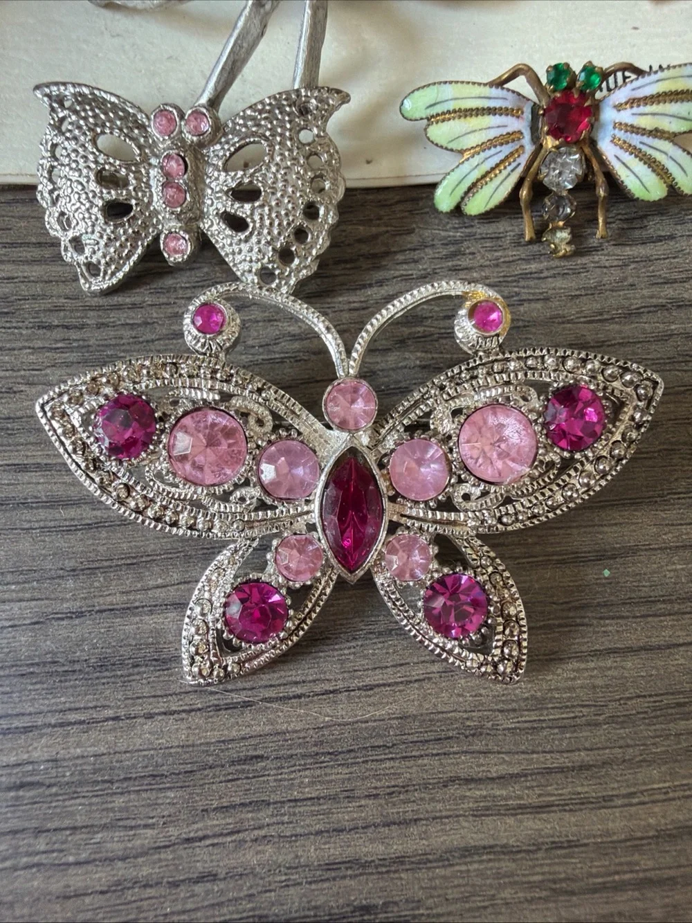 6 vintage Bugs,Butterflies & Spider Pins Brooches Enamel , Pink Rhinestones….